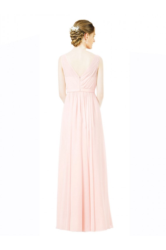 Discount Long Chiffon Sleeveless Bridesmaid Dress with Sheer Illusion Top and V-Back UK