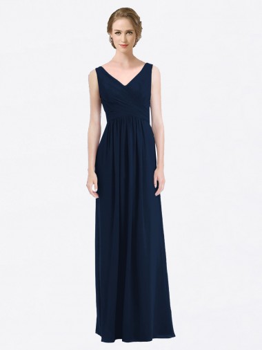 Discount Long Chiffon V-Neck Sleeveless Bridesmaid Dress with Criss-Cross Pleated Bodice UK