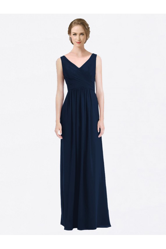 Discount Long Chiffon V-Neck Sleeveless Bridesmaid Dress with Criss-Cross Pleated Bodice UK