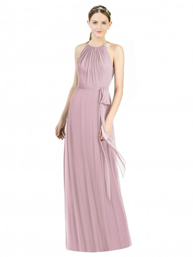Discount Shirred Halter Neck Long Chiffon Bridesmaid Dress UK