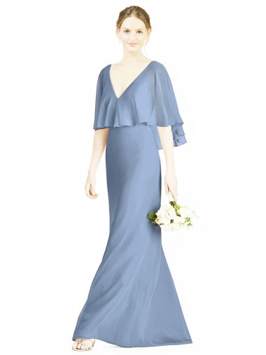 Discount V-Back Trumpet Chiffon Bridesmaid Dress with Draped Cape Overlay UK