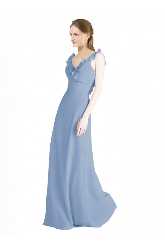 Discount Fluted Chiffon Wrap Bridesmaid Dress with Ruffles V-Neck UK