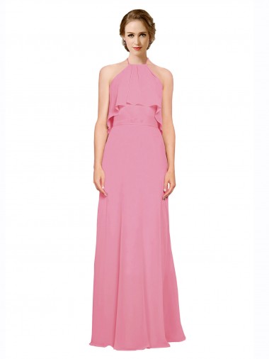 Discount Ruffle Halter Neck A-Line Chiffon Bridesmaid Dress with Open Back UK