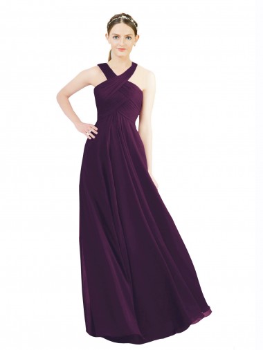 Discount Draped Long Chiffon Bridesmaid Dress with Unique Crossed Neckline UK