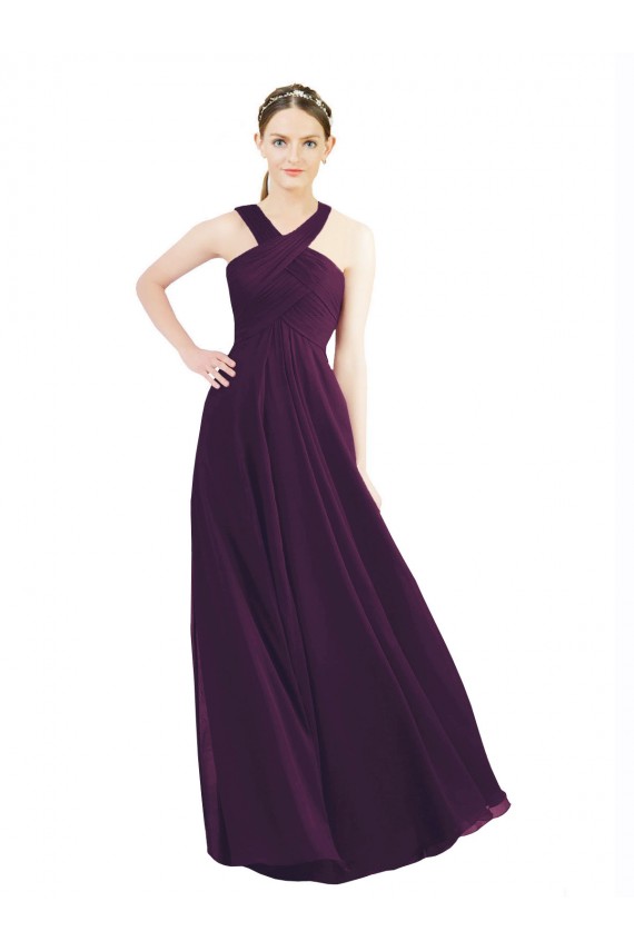 Discount Draped Long Chiffon Bridesmaid Dress with Unique Crossed Neckline UK