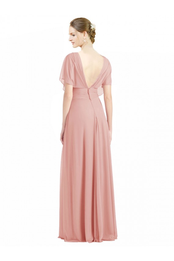 Discount Draped Short Sleeves Long Chiffon A-Line Bridesmaid Dress UK