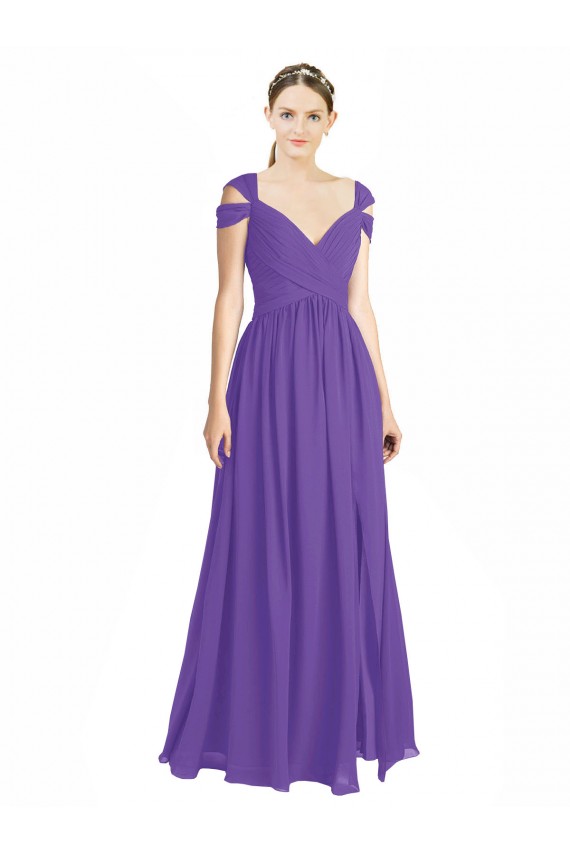 Discount Off the Shoulder Cap Sleeves Chiffon Bridesmaid Dress with Pleats UK