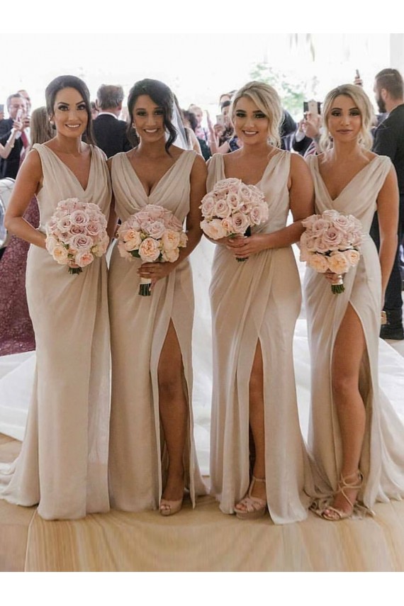 Discount Chiffon Long Champagne Evening Dress with Sexy High Slit and Front Ruffles UK