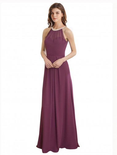 Discount High Neckline Long Chiffon Bridesmaid Dress with Beaded Trim UK