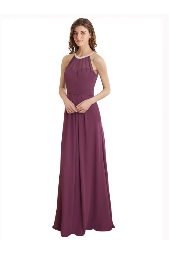 Discount High Neckline Long Chiffon Bridesmaid Dress with Beaded Trim UK
