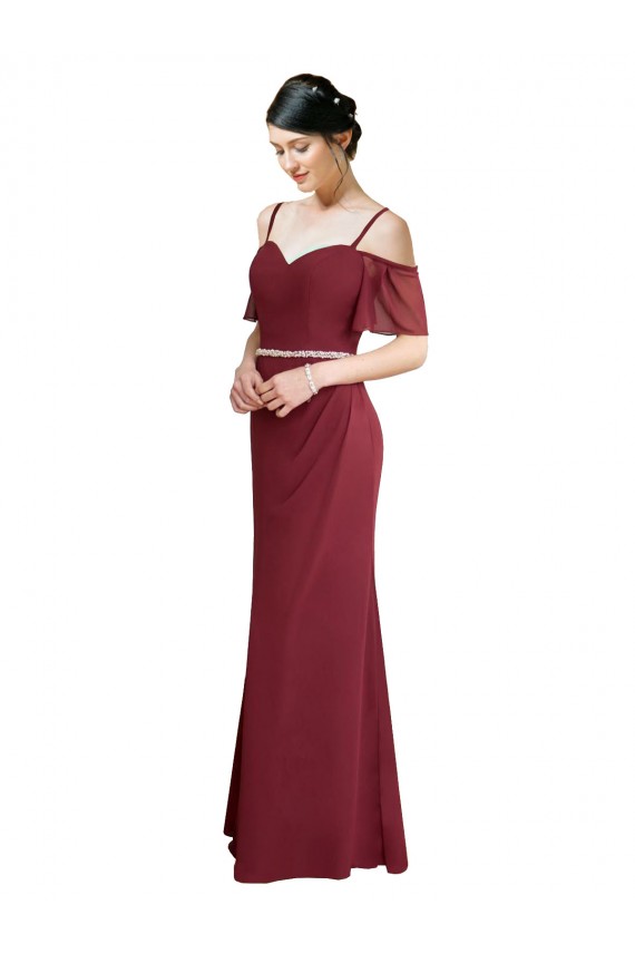 Discount Draped Cold Shoulder Long Chiffon Bridesmaid Dress with Spaghetti Straps UK