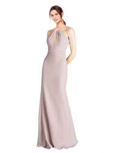 Discount Long Slim Chiffon Bridesmaid Dress with Ruffled Waist and Keyhole UK