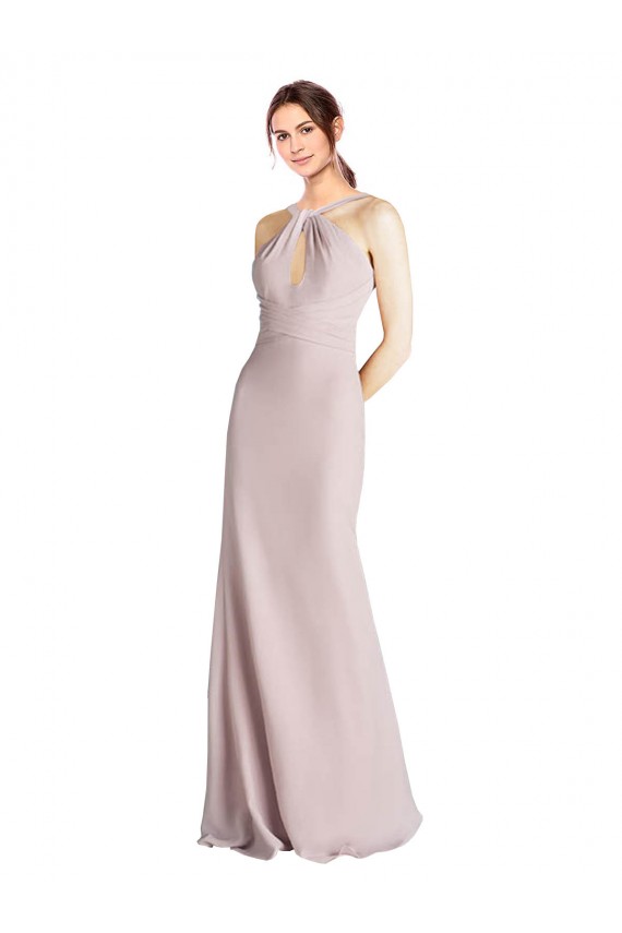 Discount Long Slim Chiffon Bridesmaid Dress with Ruffled Waist and Keyhole UK