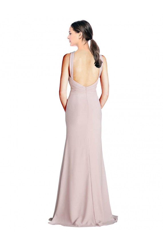Discount Long Slim Chiffon Bridesmaid Dress with Ruffled Waist and Keyhole UK