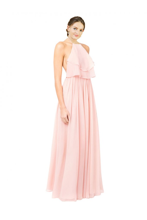 Discount Halter Neck Chiffon Bridesmaid Dress with Double Ruffle Front UK