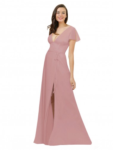 Discount Flutter Sleeves Short Chiffon Bridesmaid Dress with Tie Belt UK