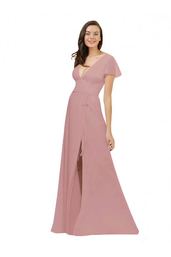 Discount Flutter Sleeves Short Chiffon Bridesmaid Dress with Tie Belt UK