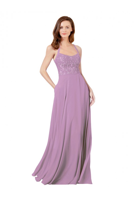 Discount Floral Detailed Chiffon Bridesmaid Dress with Keyhole Back UK