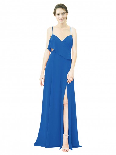 Discount Spaghetti Strap Chiffon Bridesmaids Dress with Asymmetrical Ruffle and Front Slit UK