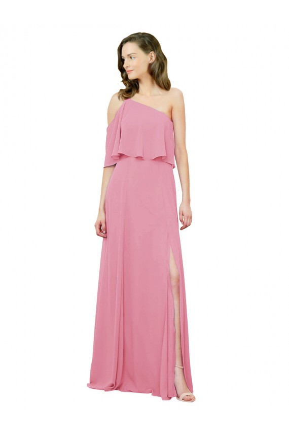 Discount Sleeved One Shoulder Chiffon Bridesmaids Dress with Draped Ruffle Overlay UK