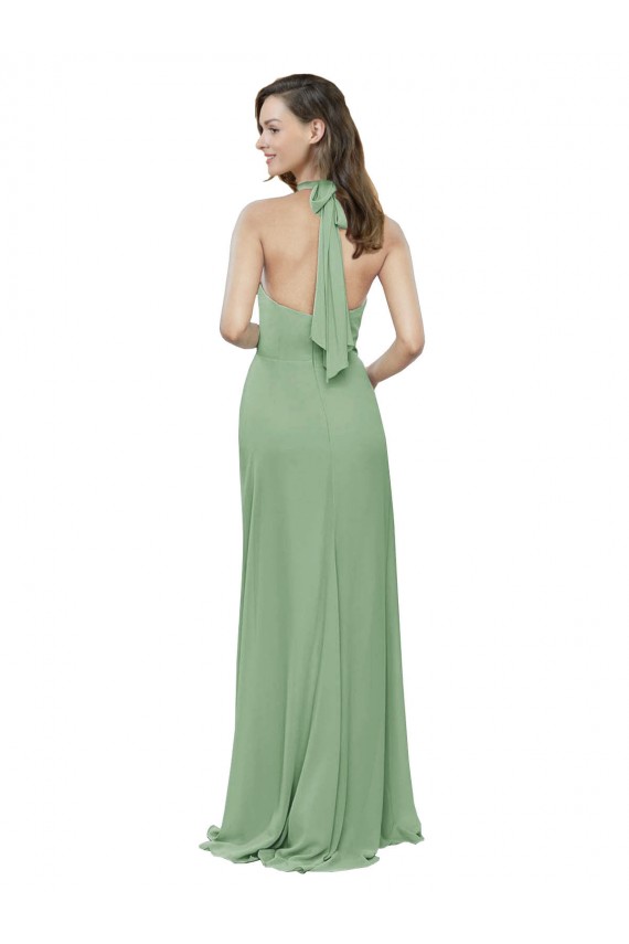 Discount High Collar Halter Neck Chiffon Bridesmaid Dress with Long Back Tie UK
