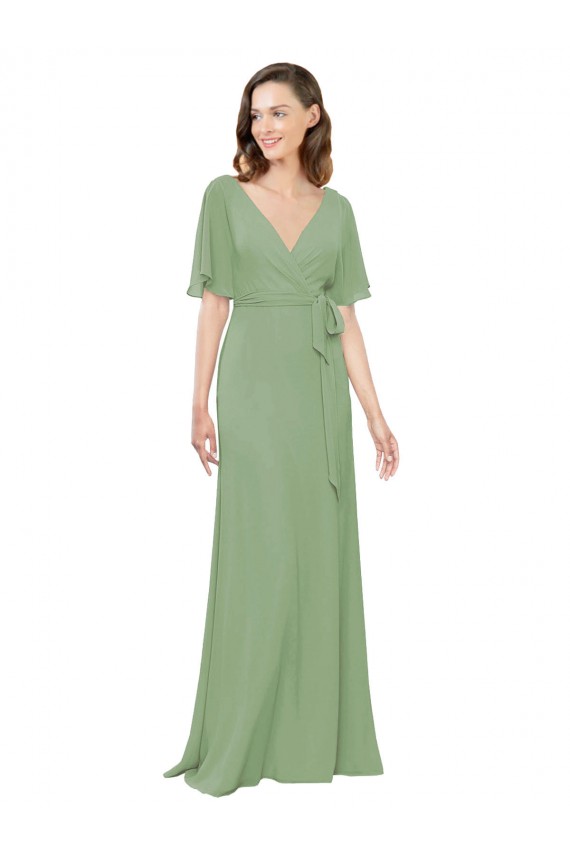 Discount Chiffon V-Neckline Wrap Bridesmaids Dress With Double Flutter Sleeve UK