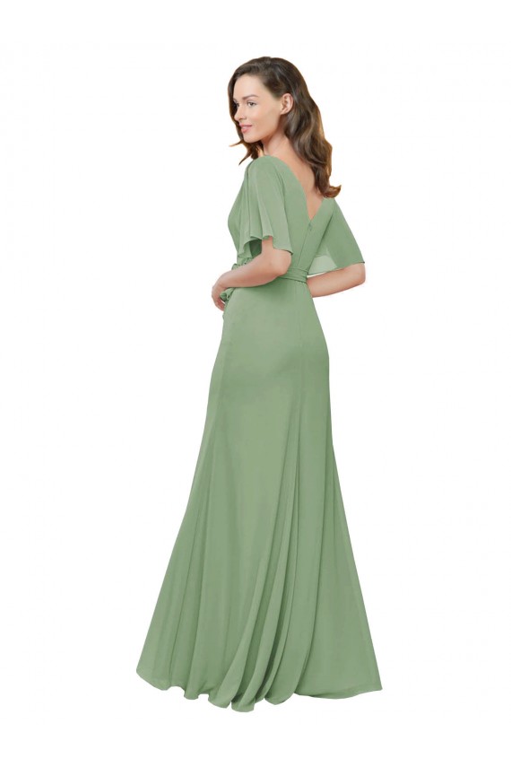 Discount Chiffon V-Neckline Wrap Bridesmaids Dress With Double Flutter Sleeve UK