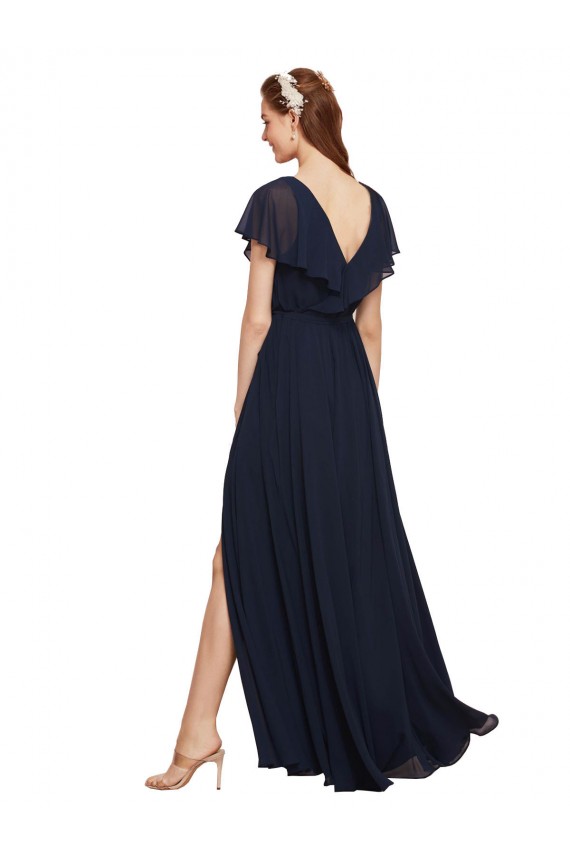 Discount Long V-Neck Chiffon Bridesmaid Dress with Slit and V-Back UK