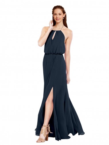 Discount Grecian Style Halter Chiffon Bridesmaid Dress with Keyhole and Slit UK