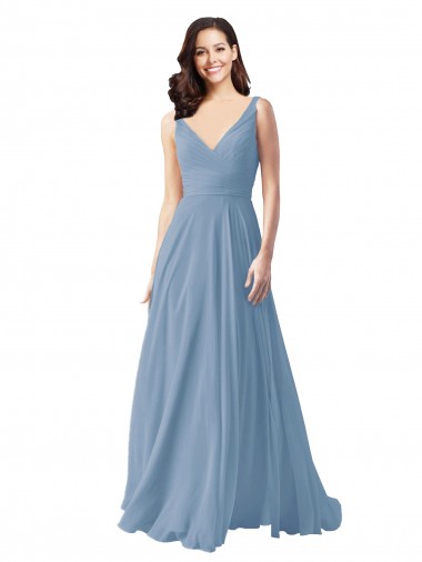 Discount Long Chiffon V-Neck and Self Sash Bridesmaid Dress with Shirred Criss Cross Bodice UK