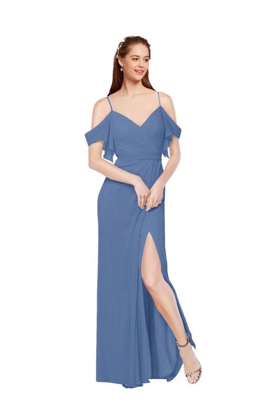 Discount Mock-Wrap Off the Shoulder Long Chiffon Bridesmaid Dress with Side Slit UK