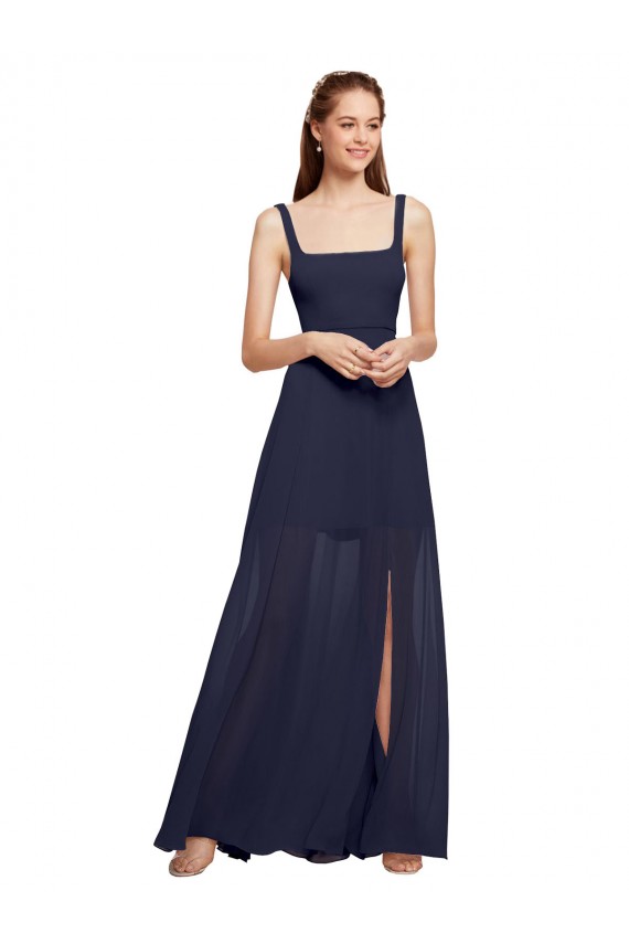 Discount Squre Necked Long Chiffon Bridesmaid Dress with Front Slit UK