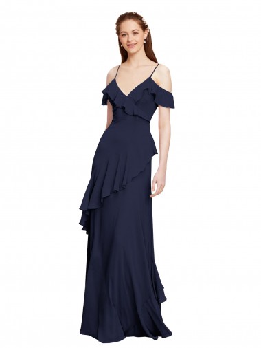 Discount Cascading Ruffles Long Chiffon Bridesmaid Dress with Cold Shoulder UK
