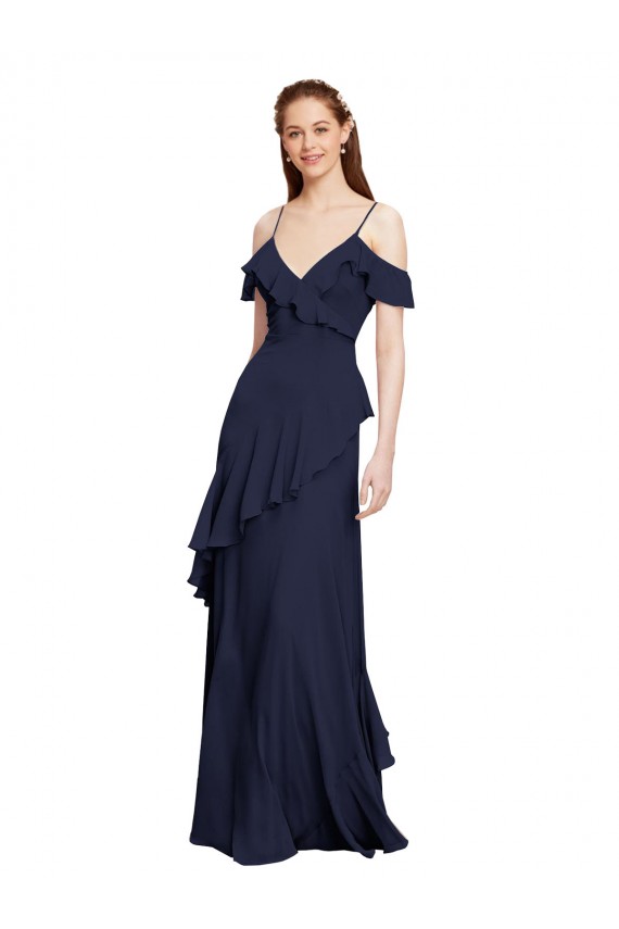 Discount Cascading Ruffles Long Chiffon Bridesmaid Dress with Cold Shoulder UK
