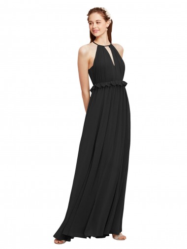 Discount Halter Neck Front Keyhole Chiffon Bridesmaid Dress with Shirred Waist UK