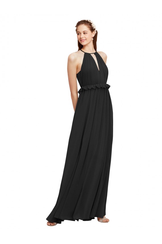 Discount Halter Neck Front Keyhole Chiffon Bridesmaid Dress with Shirred Waist UK