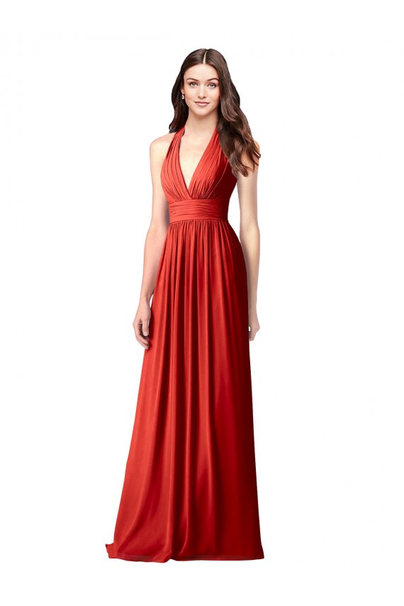 Discount Halter V-Neck A-Line Chiffon Bridesmaid Dress with Shirred Skirt UK