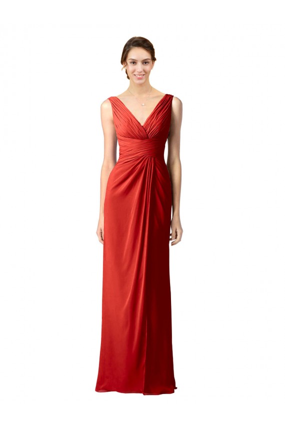 Discount Shirred Long Floor Length Chiffon Bridesmaid Dress with V-Back UK