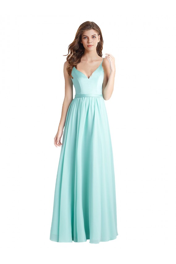Discount Long V-Neck Chiffon Bridesmaid Dress with Satin Bodice UK