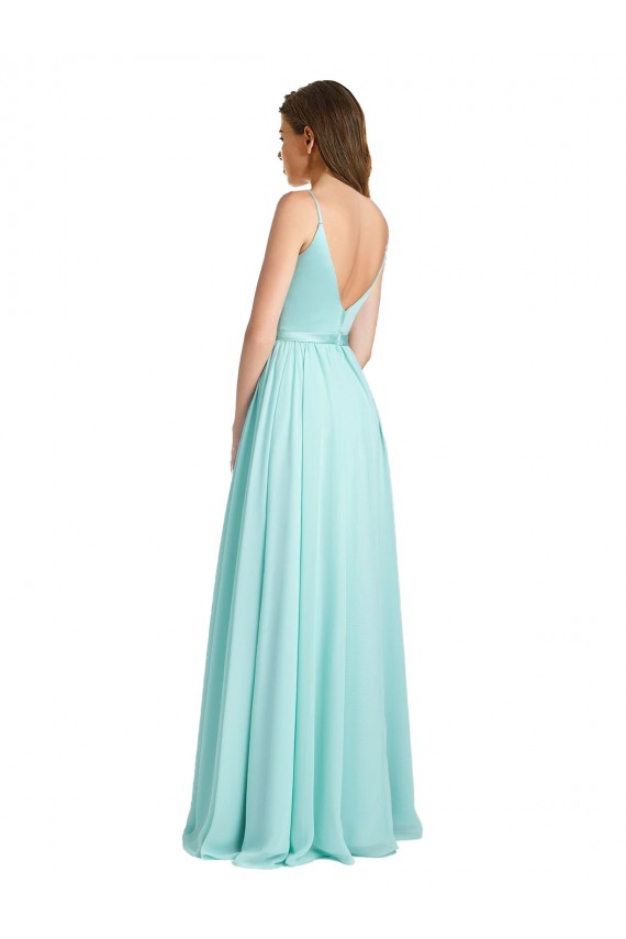 Discount Long V-Neck Chiffon Bridesmaid Dress with Satin Bodice UK