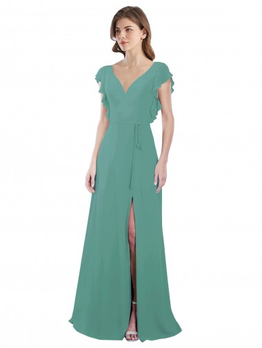 Discount Full Length Chiffon Bridesmaid Dress with Ruffled Cap Sleeves and Side Slit UK