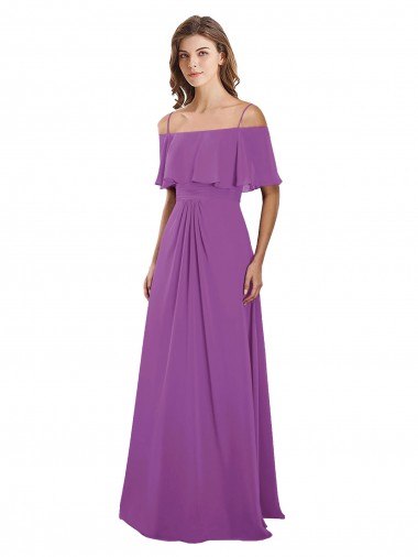 Discount Draped Off The Shoulder Chiffon Bridesmaid Dress with Spaghetti Straps and Ruffled Neckline UK