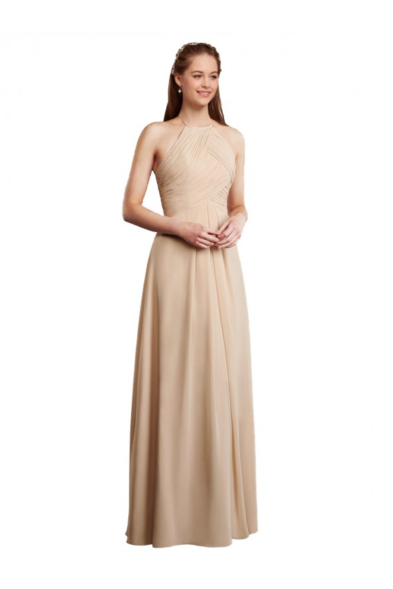 Discount Draped Halter Neck Long Chiffon Bridesmaid Dress with Tie Back UK