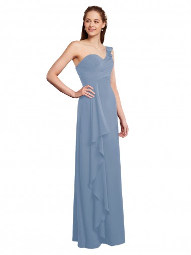 Discount Single Shoulder Strap Long Chiffon Bridesmaid Dress with Cascading Ruffles UK