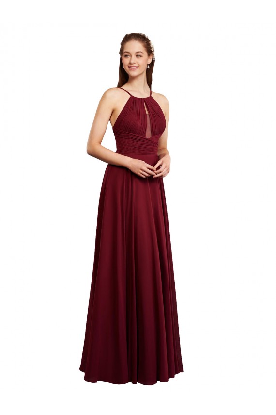 Discount Long A-Line Halter Neck Chiffon Bridesmaid Dress with Draped Bodice UK