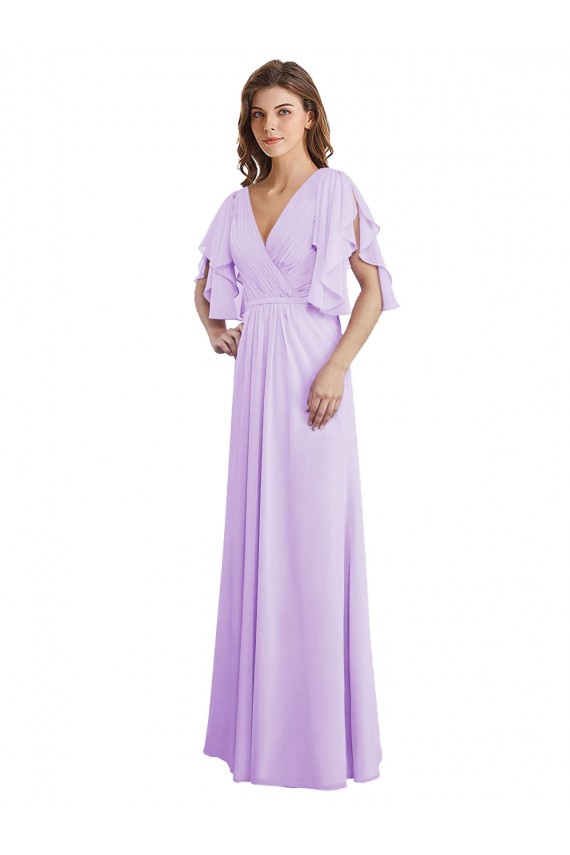 Discount A-Line Draped Chiffon Bridesmaid Dress with V-Neck and Split Sleeves UK