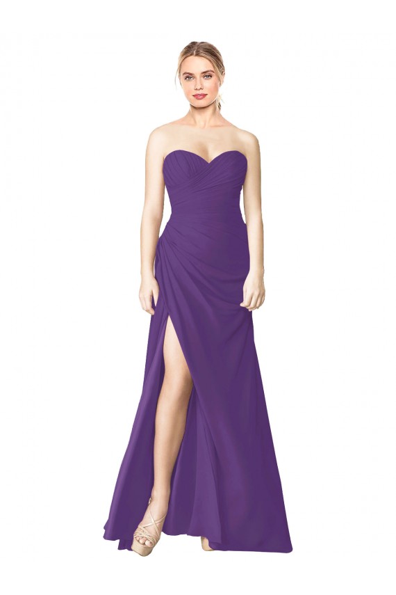 Discount Strapless Chiffon Bridesmaid Dress with Pleated Wrap Bodice and Side Slit UK