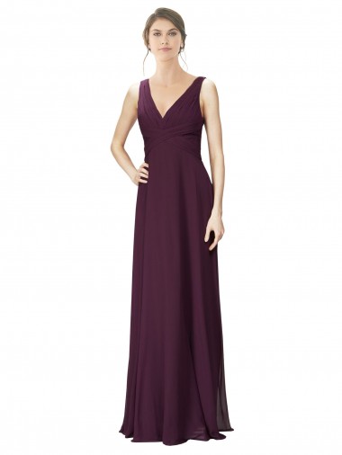 Discount Long Chiffon Bridesmaid Dress with Ruched Criss Cross V-Neck Bodice UK