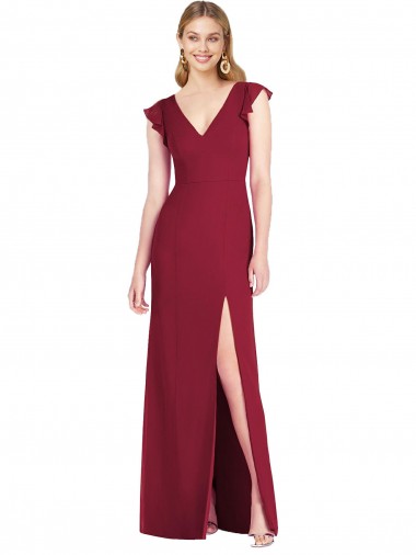 Discount Ruffled Sleeves Mermaid Chiffon Bridesmaid Dress with Front Slit UK