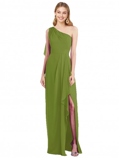 Discount One Shoulder Chiffon Bridesmaid Dress with Draped Front Slit UK